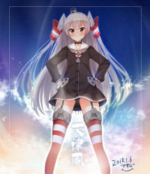 Rule 34 | &gt;:), 1girl, amatsukaze (kancolle), backlighting, black choker, black hat, black panties, blush, brown eyes, brown shirt, choker, cloud, dated, garter straps, gloves, gluteal fold, hair tubes, hands on own hips, hat, highres, kantai collection, legs apart, long hair, long sleeves, looking at viewer, masamuuu, mini hat, morning, no pants, outdoors, panties, pantyshot, sailor collar, shirt, signature, silver hair, sky, solo, standing, star (sky), starry sky, straight hair, striped clothes, striped thighhighs, sunrise, thighhighs, translation request, two side up, underwear, v-shaped eyebrows, very long hair, white gloves, white sailor collar