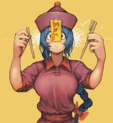 Rule 34 | 1girl, blue hair, bow, braid, braided ponytail, breasts, broken chopsticks, chanta (ayatakaoisii), chopsticks, closed mouth, dress, hair bow, half-split chopsticks, highres, holding, holding chopsticks, jiangshi, jiangshi (chanta), large breasts, long hair, looking at viewer, newtype flash, ofuda, ofuda on clothes, original, red bow, red dress, red eyes, sash, short sleeves, single braid, solo, sweat, translation request, upper body, wide-eyed, yellow background
