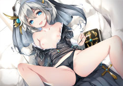 Rule 34 | 1girl, :d, bare legs, bare shoulders, black dress, black panties, blue eyes, breasts, clothes lift, date a live, dress, dress lift, habit, hair between eyes, honjou nia, knees up, looking at viewer, lying, naughty face, nipples, no bra, nun, off shoulder, on back, on bed, open mouth, panties, pulled by self, pussy juice, see-through, see-through dress, short hair, side-tie panties, silver hair, small breasts, smile, solo, spread legs, string pull, touxing no diluka, underwear, wet, wet clothes, wet panties