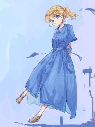 Rule 34 | 1girl, alternate costume, alternate hairstyle, armor, arms behind back, blonde hair, blue background, blue eyes, blue shirt, bow, breastplate, full body, high heels, light blue background, long shirt, looking at viewer, maribel hearn, nama udon, no headwear, ponytail, shirt, solo, touhou, waist bow