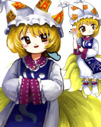 Rule 34 | 1girl, animal ear headwear, blonde hair, blue tabard, blush stickers, closed mouth, dress, fake animal ears, fox tail, frilled socks, frills, hands in opposite sleeves, hat, highres, holding, long sleeves, looking at viewer, medium hair, mob cap, multiple tails, multiple views, ofuda, ofuda on clothes, open mouth, orange eyes, own hands together, redrawn, revision, signature, simple background, smile, socks, tabard, tail, touhou, unfinished dream of all living ghost, upper body, white background, white dress, white headwear, white socks, yakumo ran, yakumora n, zun (style)