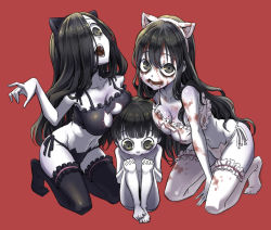 Rule 34 | 1boy, 2girls, alternate costume, animal ears, barefoot, black eyes, black hair, black panties, blood, blood in hair, blood in mouth, blood on clothes, blood on face, blood on hands, blunt bangs, bowl cut, bra, breast press, breast rest, breasts, breasts on head, bridal garter, cat cutout, cat ear panties, cat ears, cat lingerie, cleavage, cleavage cutout, clothing cutout, collarbone, colored skin, crossover, empty eyes, fake animal ears, frilled legwear, frills, full body, grey eyes, grey skin, hair between eyes, hair over one eye, hand up, ju-on, kneeling, large breasts, long hair, looking at another, looking at viewer, looking down, meme attire, mother and son, multiple girls, navel, no shoes, palms, panties, partially colored, red background, sadako vs. kayako, saeki kayako, saeki toshio (ju-on), side-tie panties, simple background, sitting, stomach, taniguchi seima, teeth, the grudge, the ring, thighhighs, toned, trait connection, underwear, underwear only, very long hair, wavy hair, white legwear, yamamura sadako