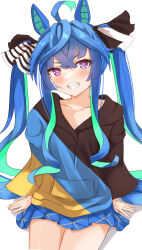 Rule 34 | 1girl, ahoge, alternate costume, animal ears, black hoodie, blue eyes, blue hair, blue hoodie, blue skirt, blush, colored inner hair, commentary request, gradient hair, grin, heterochromia, highres, hood, hood down, hoodie, horse ears, horse girl, horse tail, kudo (user dzch8572), long hair, long sleeves, looking at viewer, multicolored clothes, multicolored hair, multicolored hoodie, plaid, plaid skirt, pleated skirt, purple eyes, simple background, skirt, smile, solo, tail, twin turbo (umamusume), twintails, umamusume, very long hair, white background, yellow hoodie