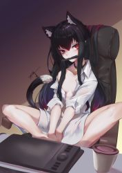 Rule 34 | 1girl, animal ear fluff, animal ears, between legs, black choker, black hair, cat ears, cat girl, cat tail, choker, copyright request, drawing tablet, hair between eyes, hair over shoulder, hand between legs, heizi mingyue, long hair, looking at viewer, open clothes, open shirt, pen, red eyes, shirt, signature, simple background, sitting, solo, spread legs, tail, white shirt, xingye (xing)