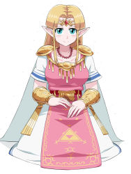 Rule 34 | 1girl, bead necklace, beads, blonde hair, blue eyes, bracer, cape, circlet, closed mouth, collarbone, dress, earrings, gem, hair intakes, highres, jewelry, looking at viewer, necklace, nintendo, pointy ears, princess, princess zelda, shimure (460), short sleeves, shoulder pads, sidelocks, simple background, smile, solo, straight hair, the legend of zelda, the legend of zelda: a link between worlds, triforce, white background, white cape, white dress