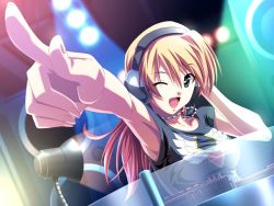 Rule 34 | 1girl, :d, armpits, blonde hair, dj, foreshortening, game cg, green eyes, hand on own ear, hand on own ear, headphones, ichinose kyou, imitation lover, izumi mahiru, jewelry, long hair, necklace, one eye closed, open mouth, pointing, smile, solo, speaker, spotlight, wallpaper, wink