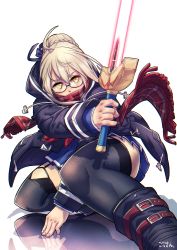 Rule 34 | 1girl, ahoge, artoria pendragon (fate), belt, black-framed eyewear, black jacket, black thighhighs, blonde hair, blue skirt, braid, fate (series), garter straps, glasses, gossan, hair between eyes, holding, holding sword, holding weapon, jacket, looking at viewer, mysterious heroine x alter (fate), mysterious heroine x alter (first ascension) (fate), plaid, plaid scarf, red scarf, reflection, scarf, semi-rimless eyewear, simple background, skirt, solo, squatting, sword, thighhighs, under-rim eyewear, weapon, white background, yellow eyes