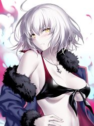 Rule 34 | 1girl, ahoge, blue coat, blush, breasts, cleavage, coat, collarbone, fate/grand order, fate (series), fur-trimmed coat, fur trim, hand on own hip, highres, jeanne d&#039;arc (fate), jeanne d&#039;arc alter (fate), jewelry, kousaki rui, large breasts, necklace, off shoulder, open clothes, open coat, pale skin, raised eyebrow, short hair, signature, silver hair, solo, waifu2x, wicked dragon witch ver. shinjuku 1999, yellow eyes