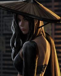 Rule 34 | 1girl, absurdres, black eyes, black hair, blurry, blurry background, breasts, brown hat, closed mouth, commentary, depth of field, english commentary, guweiz, hat, highres, long hair, looking at viewer, looking to the side, original, parted bangs, small breasts, solo, upper body