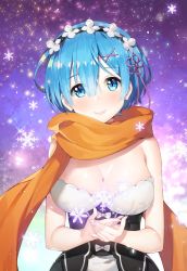 Rule 34 | 10s, 1girl, ayamy, bare shoulders, blue eyes, blue hair, blush, breasts, cleavage, closed mouth, commentary request, dress, fingernails, gradient background, hair ornament, head tilt, highres, hisen kaede, lips, looking at viewer, medium breasts, re:zero kara hajimeru isekai seikatsu, rem (re:zero), ribbon, scarf, short hair, simple background, smile, snowflakes, solo, strapless, strapless dress, upper body, x hair ornament
