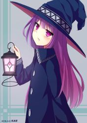 Rule 34 | 1girl, bad id, bad pixiv id, blue dress, blue hat, blush, candle, collared dress, commentary request, dress, hat, head tilt, holding, holding lantern, kaie, lantern, long hair, long sleeves, looking at viewer, looking to the side, original, parted lips, purple eyes, purple hair, solo, very long hair, witch, witch hat