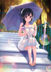 Rule 34 | 10s, 1girl, absurdres, aowltus209, black hair, blush, bow, dress, flip-flops, forest, hibike! euphonium, highres, kousaka reina, lens flare, looking at viewer, nature, pointing, pointing at self, purple bow, purple eyes, railing, rain, sandals, see-through, sitting, solo, stairs, tree, umbrella, white dress