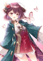 Rule 34 | 1girl, :d, atelier (series), atelier sophie, atelier sophie 2, black ribbon, blue coat, blush, braid, brown eyes, brown hair, bug, butterfly, coat, cowboy shot, flower, hair flower, hair ornament, hair ribbon, highres, insect, light particles, looking at viewer, open mouth, red flower, red rose, red skirt, ribbon, rose, shizuki ayame, short hair, simple background, skirt, smile, solo, sophie neuenmuller, standing, white background