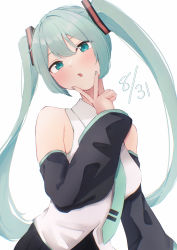 Rule 34 | 1girl, :o, absurdres, bare shoulders, blue hair, blue necktie, blush, breasts, collared shirt, dated, detached sleeves, green eyes, hatsune miku, head tilt, highres, long hair, long sleeves, looking at viewer, mashiro latte (msrn39), medium breasts, necktie, open mouth, shirt, simple background, solo, twintails, upper body, v, very long hair, vocaloid, white background, white shirt