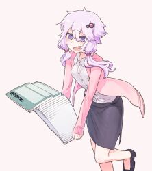 Rule 34 | 1girl, alternate costume, black skirt, blush, book, book stack, breasts, cardigan, collared shirt, commentary request, dress shirt, dropping, foot out of frame, furrowed brow, hair ornament, high heels, highres, holding, holding book, long sleeves, mochi (mochi444420), open cardigan, open clothes, pencil skirt, pink cardigan, purple eyes, purple hair, shirt, shirt tucked in, short hair with long locks, simple background, skirt, small breasts, solo, standing, standing on one leg, sweatdrop, teacher, textbook, vocaloid, voiceroid, white shirt, yuzuki yukari