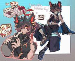 Rule 34 | 2boys, aak (arknights), aak (healing hand evil heart) (arknights), absurdres, animal ear piercing, animal ears, arknights, black shirt, blush, box, box of chocolates, calendar (object), candy, character name, chibi, chibi inset, chocolate, chocolate heart, crop top, disembodied limb, earrings, food, furry, furry male, hand on another&#039;s chin, happy valentine, happy white day, heart, highres, holding another&#039;s wrist, horns, hung (arknights), jewelry, licking, licking finger, male focus, multicolored hair, multiple boys, necklace, o o, paw print, sandals, shirt, single horn, sleeveless, sleeveless shirt, streaked hair, tail, tassel, tassel earrings, valentine, white day, xiao (creation0528)