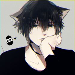 Rule 34 | 1boy, animal ears, bad id, bad pixiv id, black eyes, black hair, black shirt, cat ears, choker, chromatic aberration, closed mouth, commentary request, cross, cross choker, grey background, hagimorijia, heart, highres, light smile, long sleeves, looking at viewer, male focus, original, shirt, short hair, simple background, solo, upper body