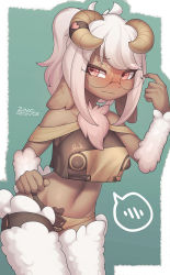 Rule 34 | 1girl, absurdres, animal ears, animal nose, aqua background, artist name, averting eyes, bare shoulders, black-framed eyewear, blush, body fur, border, breasts, brown horns, closed mouth, cowboy shot, crop top, crop top overhang, dark-skinned female, dark skin, dated, female focus, furry, furry female, glasses, gradient hair, groin, half-closed eyes, hand on own hip, hand up, happy, heart, highres, horn ornament, horns, looking to the side, medium breasts, medium hair, multicolored clothes, multicolored hair, multicolored panties, multicolored shirt, navel, neck fur, nervous, nipple cutout, no bra, no pants, nose blush, off-shoulder shirt, off shoulder, original, outside border, panties, pasties, pink fur, pink hair, ponytail, red eyes, round eyewear, semi-rimless eyewear, sheep ears, sheep girl, sheep horns, sheep tail, shirt, shy, sidelocks, signature, simple background, smile, solo, speech bubble, spoken blush, standing, stomach, sweat, swept bangs, tail, thigh strap, two-tone fur, two-tone hair, underwear, wavy mouth, white border, white fur, white hair, zinfyu
