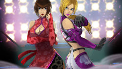 Rule 34 | 2girls, anna williams, ass, bare shoulders, blonde hair, blue eyes, bob cut, breasts, brown hair, choker, cleavage, dress, elbow gloves, fishnets, gloves, highres, multiple girls, namco, nina williams, ponytail, red dress, red gloves, siblings, side slit, sisters, tekken, tekken 2, tekken 3, tekken 4, tekken 5, tekken 6, tekken tag tournament, tekken tag tournament 2