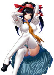 Rule 34 | 1girl, android c, arms behind head, arms up, black hair, blue sailor collar, blush, bracelet, breasts, cave (developer), company connection, cosplay, covered erect nipples, crossed legs, elbow gloves, gloves, grin, hair ribbon, headdress, impossible clothes, impossible shirt, instant brain, iruma kamiri, jewelry, lace, lace-trimmed panties, lace trim, large breasts, legs, lingerie, long hair, long legs, long skirt, looking at viewer, mushihime-sama, necktie, official art, panties, pantyshot, puffy sleeves, reco, reco (cosplay), red eyes, ribbon, sailor collar, scan, school uniform, serafuku, shirt, shoes, short sleeves, sidelocks, simple background, sitting, skirt, smile, solo, thighhighs, thighs, twintails, underwear, upskirt, white background, white gloves, white panties, white thighhighs