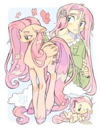 Rule 34 | 1girl, alternate costume, animal, blue eyes, bug, butterfly, chibi, cloud, cutie mark, flower, fluttershy, green shirt, hair ornament, hairclip, highres, insect, long hair, my little pony, my little pony: friendship is magic, personification, pink hair, pony (animal), sharpycharot, shirt, simple background, wings