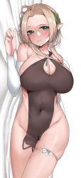 Rule 34 | 1girl, absurdres, blonde hair, blush, borrowed character, breasts, cleavage, closed mouth, commission, covered navel, green eyes, highres, kshimu, large breasts, lips, long hair, looking at viewer, lying, mole, mole under mouth, on side, original, pointy ears, skeb commission, smile, solo