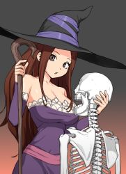 Rule 34 | bare shoulders, breasts, brown eyes, brown hair, cleavage, detached sleeves, dragon&#039;s crown, dress, hat, large breasts, long hair, noriyasu, simple background, skeleton, sorceress (dragon&#039;s crown), staff, strapless, strapless dress, vanillaware, weapon, witch, witch hat