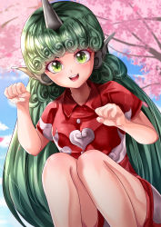 Rule 34 | 1girl, absurdres, blouse, blue sky, cherry tree, clenched hands, commentary request, curly hair, day, feet out of frame, green eyes, green hair, highres, horns, kneeling, komano aunn, long hair, looking at viewer, mahoro (minase mahoro), outdoors, paw pose, red shirt, shirt, short sleeves, shorts, single horn, sky, solo, touhou, tree, very long hair