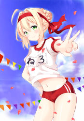 Rule 34 | 1girl, blue sky, blush, braid, buruma, closed mouth, cloud, cloudy sky, day, fate/grand order, fate (series), french braid, hair between eyes, hair bun, hair intakes, hand on own hip, highres, looking at viewer, massala, nero claudius (fate), nero claudius (fate) (all), nero claudius (fate/extra), nero claudius (olympian bloomers) (fate), official alternate costume, outdoors, pennant, petals, red buruma, rose petals, sidelocks, single hair bun, sky, smile, solo, thighs, v