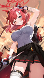Rule 34 | 1girl, arm up, black skirt, blue archive, blue eyes, blush, clothes around waist, demon horns, demon tail, explosion, from below, gas tank, gloves, goggles, goggles on head, grin, hair ornament, hairclip, halo, highres, holding, holding weapon, horns, jacket, jacket around waist, legwear garter, looking at viewer, medium hair, megu (blue archive), nokke o, one eye closed, pleated skirt, pointy ears, red gloves, red hair, red horns, skirt, smile, solo, tail, tank top, two-tone gloves, weapon, white gloves