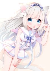 Rule 34 | 1girl, animal ear fluff, animal ears, bad id, bad pixiv id, blue bow, blue eyes, bow, braid, breasts, cat ears, cat girl, cat tail, commentary request, fang, fingernails, grey hair, hair bow, hair ornament, hand up, long hair, maeha, medium breasts, nail polish, open mouth, original, pink nails, pleated skirt, sailor collar, school uniform, see-through, serafuku, shirt, skirt, solo, tail, twin braids, twitter username, very long hair, white sailor collar, white shirt, white skirt