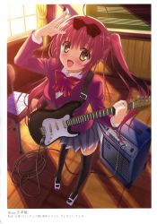 Rule 34 | 1girl, :d, absurdres, amplifier, artist request, black thighhighs, blush, cable, chair, chalkboard, classroom, electric guitar, foreshortening, guitar, highres, instrument, looking at viewer, mary janes, open mouth, pink hair, school, shoes, smile, standing, thighhighs, twintails, uwabaki, wooden floor, yellow eyes