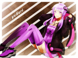 Rule 34 | 1girl, bad id, bad pixiv id, boots, camisole, hood, hoodie, jacket, mon (sugimo321), open clothes, open jacket, purple eyes, purple hair, solo, thigh boots, thighhighs, vocaloid, voiceroid, yuzuki yukari