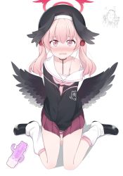Rule 34 | 1girl, angel wings, beret, between legs, black cardigan, black hat, black wings, blue archive, blush, cardigan, dildo, embarrassed, feathered wings, flower, hair flower, hair ornament, halo, hand between legs, hat, head wings, highres, hoshino ouka, koharu (blue archive), loafers, looking at viewer, loose socks, low wings, miniskirt, neckerchief, open mouth, oversized clothes, pink eyes, pink hair, pink neckerchief, rose, sailor collar, school uniform, sex toy, shoes, skirt, sleeves past wrists, socks, solo, thighs, twintails, white background, white sailor collar, wings