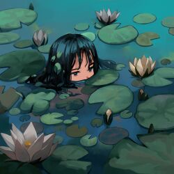 Rule 34 | 1girl, black hair, blue eyes, commentary request, day, floating hair, flower, half-closed eyes, lily pad, long hair, looking ahead, lotus, myango (applemangocrape), original, outdoors, partially submerged, plant on head, solo, swimming, water, wet, wet hair, white flower
