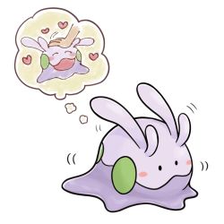 Rule 34 | 1other, blush, closed eyes, closed mouth, creature, creatures (company), game freak, gen 6 pokemon, goomy, heart, nintendo, numera goomy, open mouth, petting, pokemon, pokemon (creature), simple background, thought bubble, white background