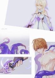 Rule 34 | 1boy, 1girl, bare shoulders, blonde hair, blush, breasts, dress, flower, framed, from side, genshin impact, hair between eyes, hair flower, hair ornament, highres, holding, holding sword, holding weapon, lumine (genshin impact), nude, octopus, orange hair, short hair, sia 030, sword, tartaglia (genshin impact), tentacles, weapon, white dress, yellow eyes