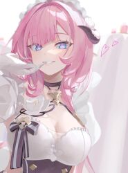 Rule 34 | 1girl, black choker, blue eyes, breasts, choker, cleavage, commentary, elysia (honkai impact), elysia (miss pink elf) (honkai impact), finger in own mouth, gloves, highres, honkai (series), honkai impact 3rd, large breasts, looking at viewer, maid headdress, medium hair, official alternate costume, parted lips, pink hair, pointy ears, roena, simple background, smile, solo, upper body, white background, white gloves