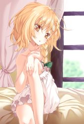 Rule 34 | 1girl, bad id, bad pixiv id, blonde hair, bloomers, braid, collarbone, curtains, hand on own knee, head tilt, highres, ina (inadahime), kirisame marisa, leg up, looking at viewer, open mouth, single braid, solo, topless, touhou, underwear, underwear only, white bloomers, window, yellow eyes