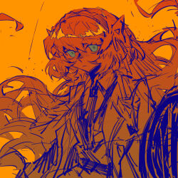 Rule 34 | 1girl, bow, coat, collared shirt, green eyes, hair bow, hairband, ishmael (project moon), limbus company, long hair, monochrome, necktie, orange theme, project moon, shield, shirt, sidelocks, simple background, sketch, solo, spot color, suoweiliuli, very long hair, wing collar