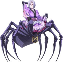 Rule 34 | 1girl, arachne, arm behind head, arthropod girl, artist request, breasts, carapace, claws, extra eyes, full body, hair between eyes, insect girl, japanese clothes, kimono, large breasts, monster girl, monster musume no iru nichijou, monster musume no iru nichijou online, multiple legs, obi, official alternate costume, official art, purple hair, purple kimono, rachnera arachnera, red eyes, sash, short hair, smile, solo, spider girl, taur, transparent background