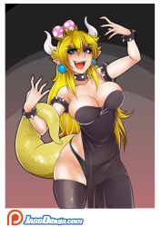 Rule 34 | 1girl, absurdres, armlet, arms up, bare shoulders, black dress, black panties, blonde hair, bowsette, bracelet, breasts, collar, dress, earrings, hair between eyes, highres, horns, jago dibuja, jewelry, large breasts, long hair, mario (series), nail polish, new super mario bros. u deluxe, nintendo, open mouth, panties, patreon logo, pink nails, pointy ears, side slit, skindentation, smile, solo, spiked armlet, spiked bracelet, spiked collar, spikes, strapless, strapless dress, super crown, tail, teeth, thighhighs, underwear, upper teeth only, very long hair, watermark, web address, white horns