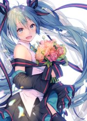 Rule 34 | 1girl, :d, bare shoulders, black skirt, black sleeves, black thighhighs, blue necktie, blush, bouquet, collared shirt, commentary request, detached sleeves, flower, green eyes, green hair, hair between eyes, hatsune miku, holding, holding bouquet, long hair, long sleeves, necktie, open mouth, pink flower, pink rose, pleated skirt, rose, shiomizu (swat), shirt, skirt, sleeveless, sleeveless shirt, smile, solo, tears, thighhighs, twintails, very long hair, vocaloid, white background, white shirt, wide sleeves