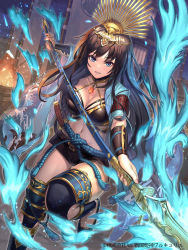 Rule 34 | 1girl, black thighhighs, blue eyes, blue fire, breasts, cleavage, company name, fire, flag, flaming weapon, headpiece, highres, holding, holding polearm, holding spear, holding weapon, long hair, looking at viewer, moonandmist, night, official art, outdoors, polearm, sengoku kishin valkyrie, solo, spear, standing, standing on one leg, thighhighs, watermark, weapon