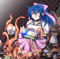 Rule 34 | 1girl, armor, black gloves, black thighhighs, blue hair, blush, boobplate, bow, breastplate, checkered background, commentary request, emon-yu, feet out of frame, fingerless gloves, gloves, green eyes, hair between eyes, hair bow, long hair, lord knight (ragnarok online), miniskirt, open mouth, panties, pauldrons, penomena, pink bow, pink skirt, ponytail, ragnarok online, shoulder armor, skirt, solo, spica parfait, strong stars story, tentacles, tentacles under clothes, thighhighs, underwear, white panties