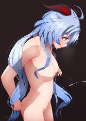 Rule 34 | 1girl, ahoge, bare shoulders, blue hair, blush, breasts, completely nude, cum, cum on body, cum on stomach, ganyu (genshin impact), genshin impact, goat horns, highres, horns, large breasts, long hair, looking down, nude, open mouth, projectile cum, purple eyes, saliva, sidelocks, solo, sonri
