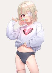 Rule 34 | 1girl, aqua nails, black panties, blonde hair, candy, commentary, eyepatch, food, gluteal fold, highres, holding, holding candy, holding food, holding lollipop, licking, lollipop, looking at viewer, makaino ririmu, medical eyepatch, multicolored hair, nail polish, navel, nijisanji, no pants, panties, pointy ears, red eyes, sabamen, short hair, simple background, skindentation, solo, swirl lollipop, thigh strap, tongue, tongue out, two-tone hair, underwear, virtual youtuber