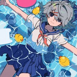 1girl absurdres afloat blue_sailor_collar blue_skirt closed_mouth from_above grey_eyes grey_hair hair_ornament hairpin highres looking_at_viewer lying magotsuki_(hurray) miniskirt neckerchief on_back original outstretched_arms partially_submerged pleated_skirt pool red_neckerchief rubber_duck sailor_collar school_uniform serafuku shirt short_hair short_sleeves skirt smile solo spread_arms water white_shirt