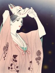 Rule 34 | 1girl, arms up, blue background, floral print, fox mask, from side, gradient background, grey hair, highres, japanese clothes, kimono, lipstick, looking down, makeup, mask, mask on head, original, parted lips, pink kimono, red lips, solo, standing, tp p pt, upper body, wide sleeves, yellow eyes