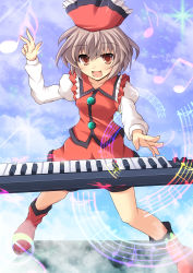 Rule 34 | 1girl, :d, ankle boots, beamed quavers, boots, brown eyes, cloud, cloudy sky, cross (crossryou), full body, hand up, hat, instrument, juliet sleeves, keyboard (instrument), light particles, light purple hair, long sleeves, looking at viewer, lyrica prismriver, musical note, open mouth, puffy sleeves, quaver, semiquaver, short hair, skirt, skirt set, sky, smile, solo, staff (music), standing, touhou
